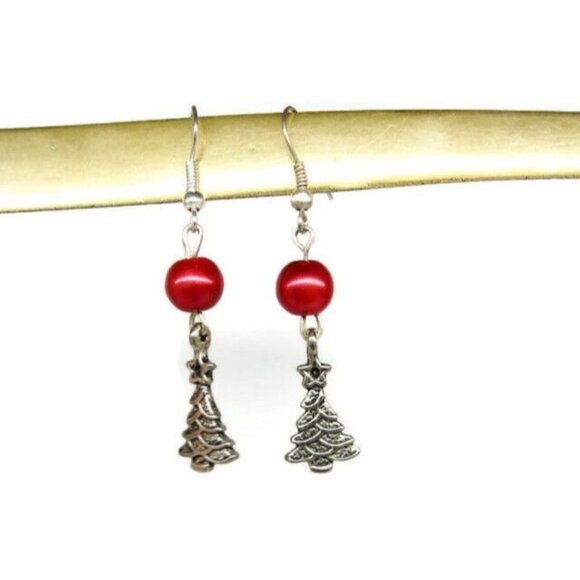 Christmas Tree Red Ball Silver Tone Vertical Drop Dangle Hook Earrings Womans - Picture 7 of 7